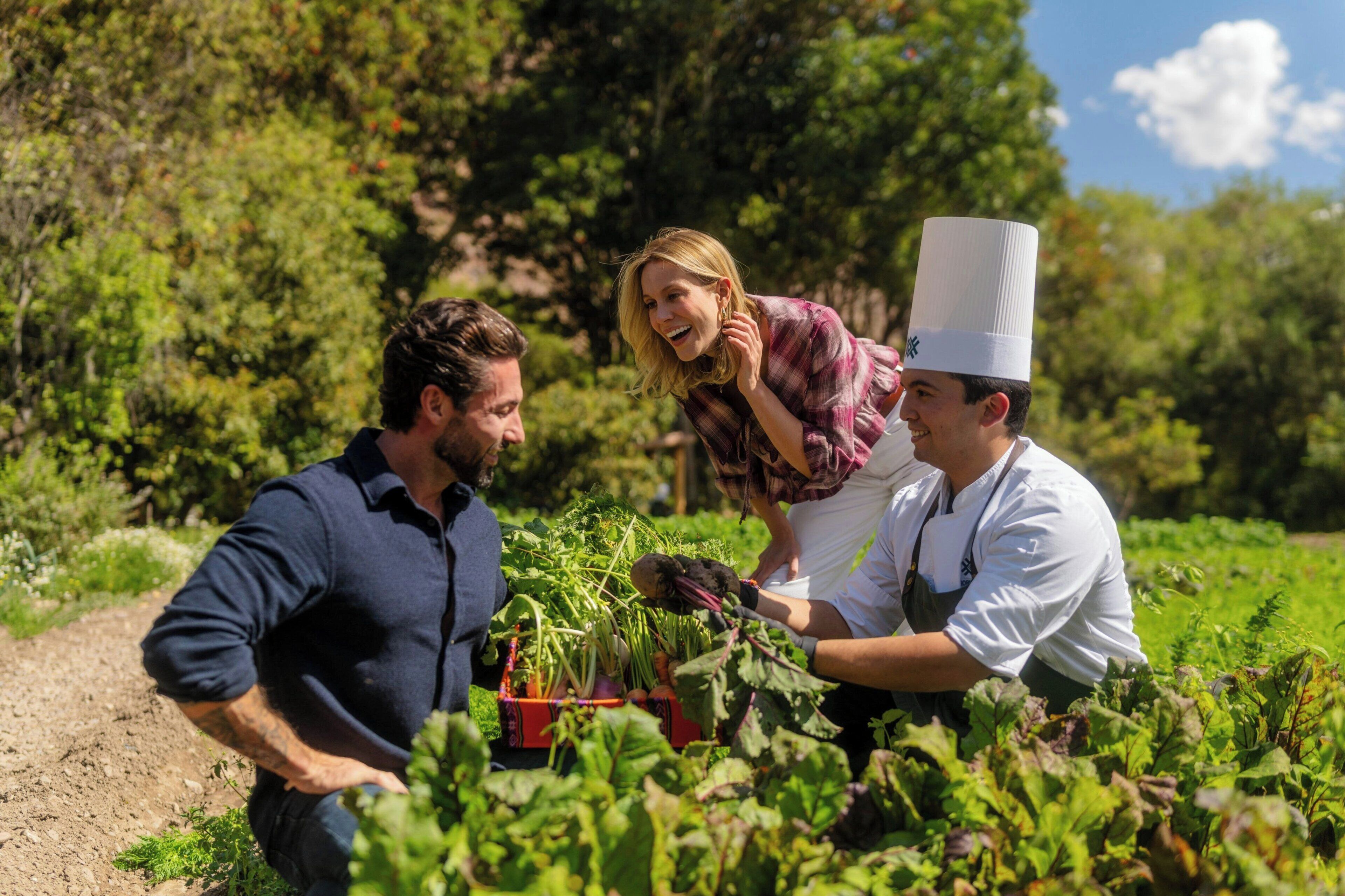Tre persone in un giardino con diverse piante e un sentiero.