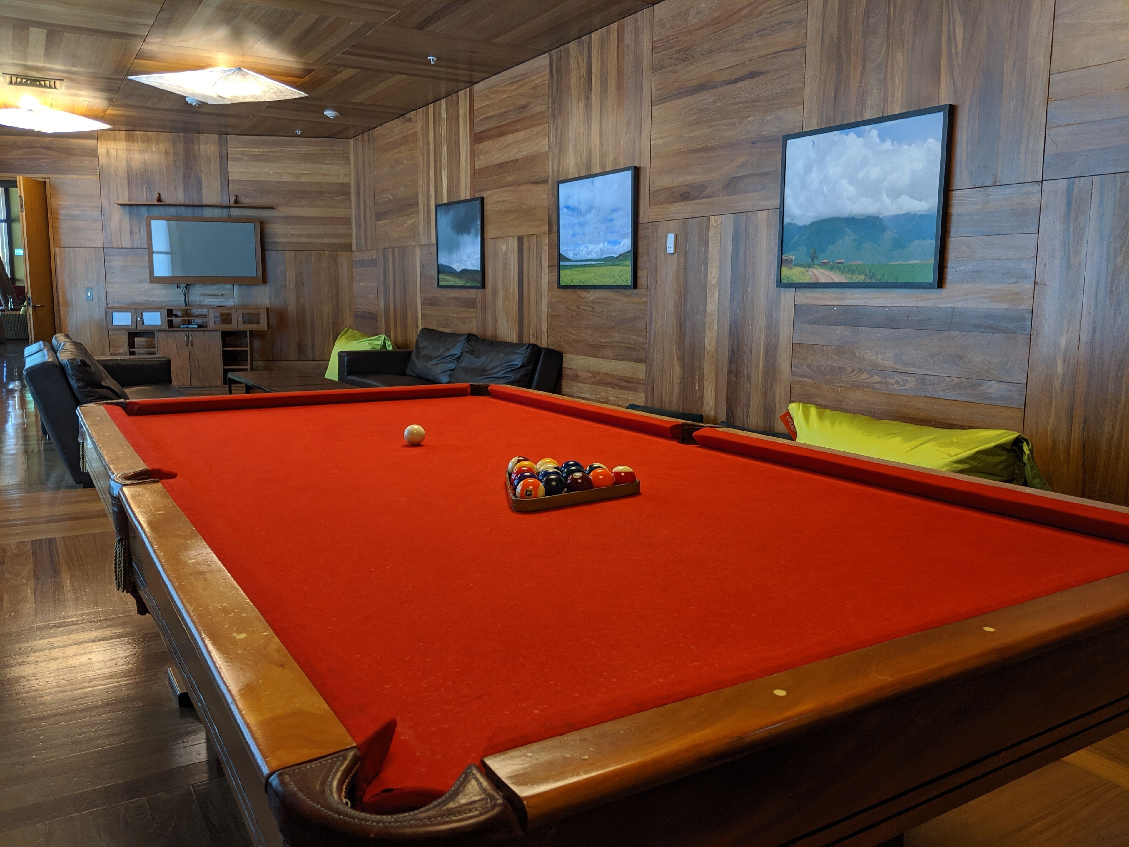 A pool table with balls, a sofa, and a television in a room with wooden panel walls.