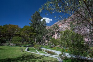 A park with pathways, trees, and a mountain backdrop.