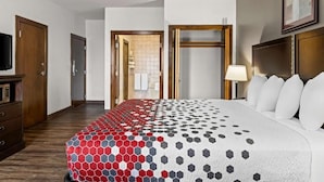 Une chambre d’hôtel avec un grand lit, une télévision, un bureau et une porte donnant sur un couloir.