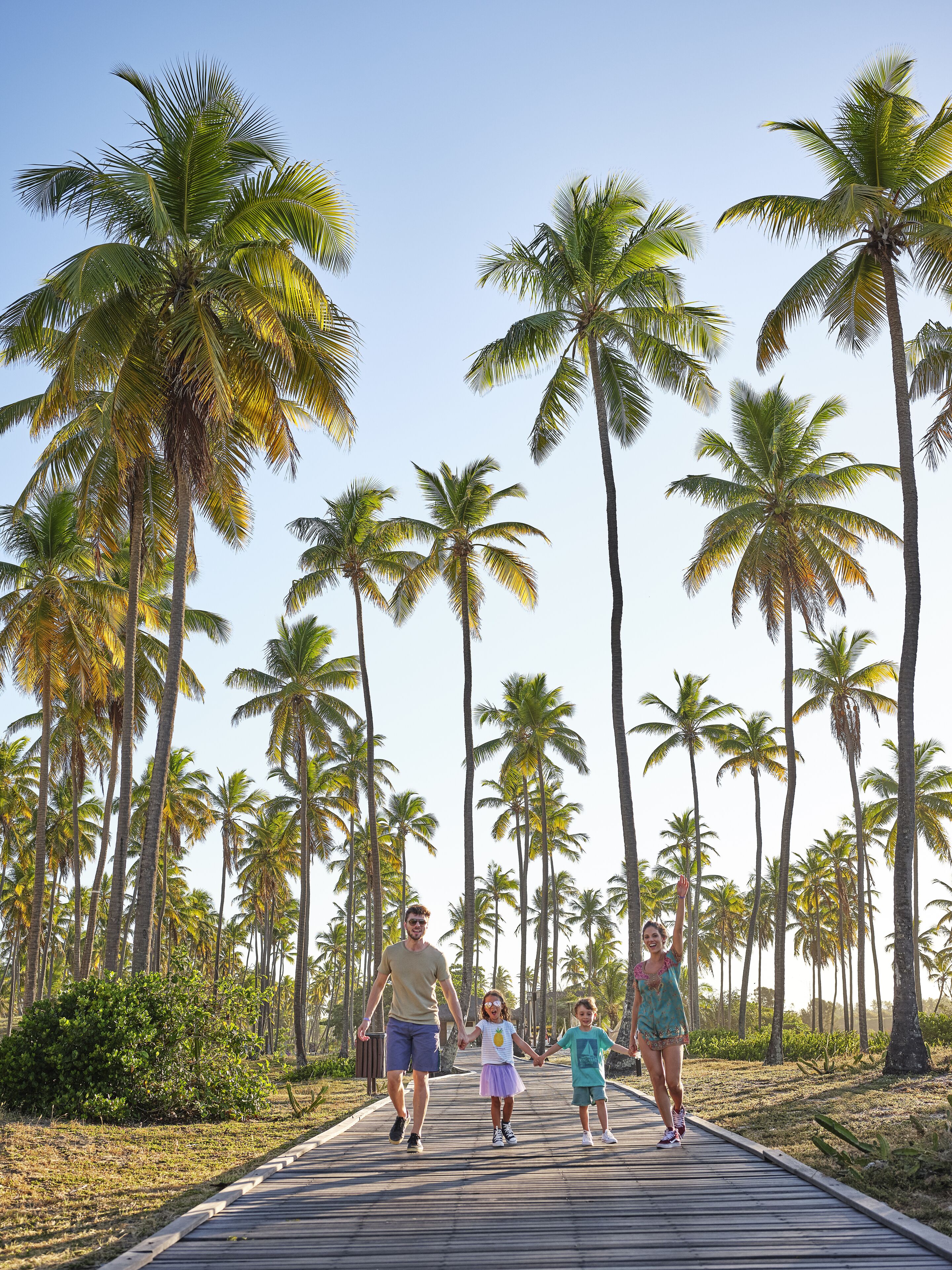 A family walking on a wooden boardwalk surrounded by tall palm trees.