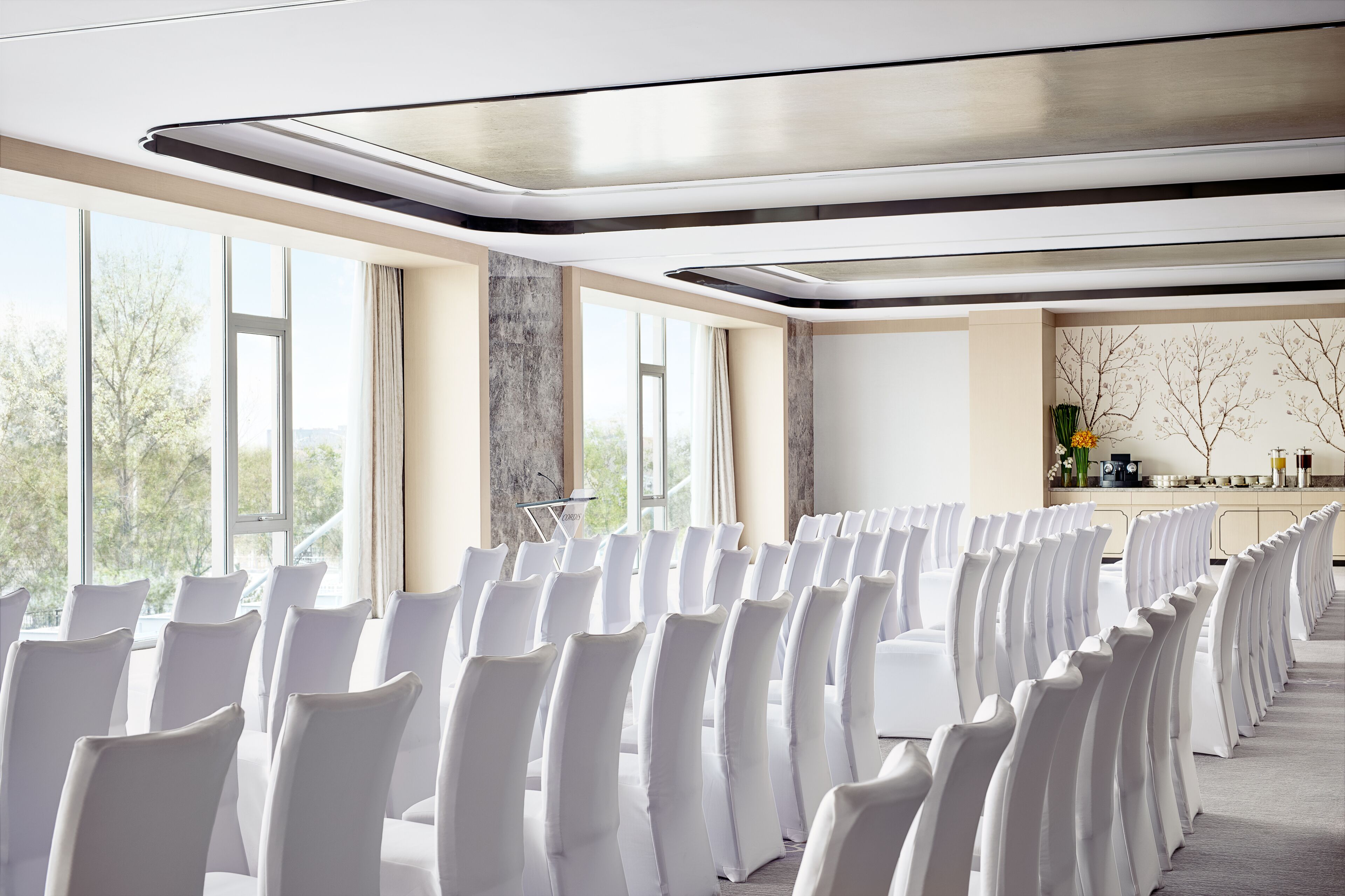 Une salle de conférence avec des rangées de chaises blanches, de grandes fenêtres et une décoration aux couleurs neutres.