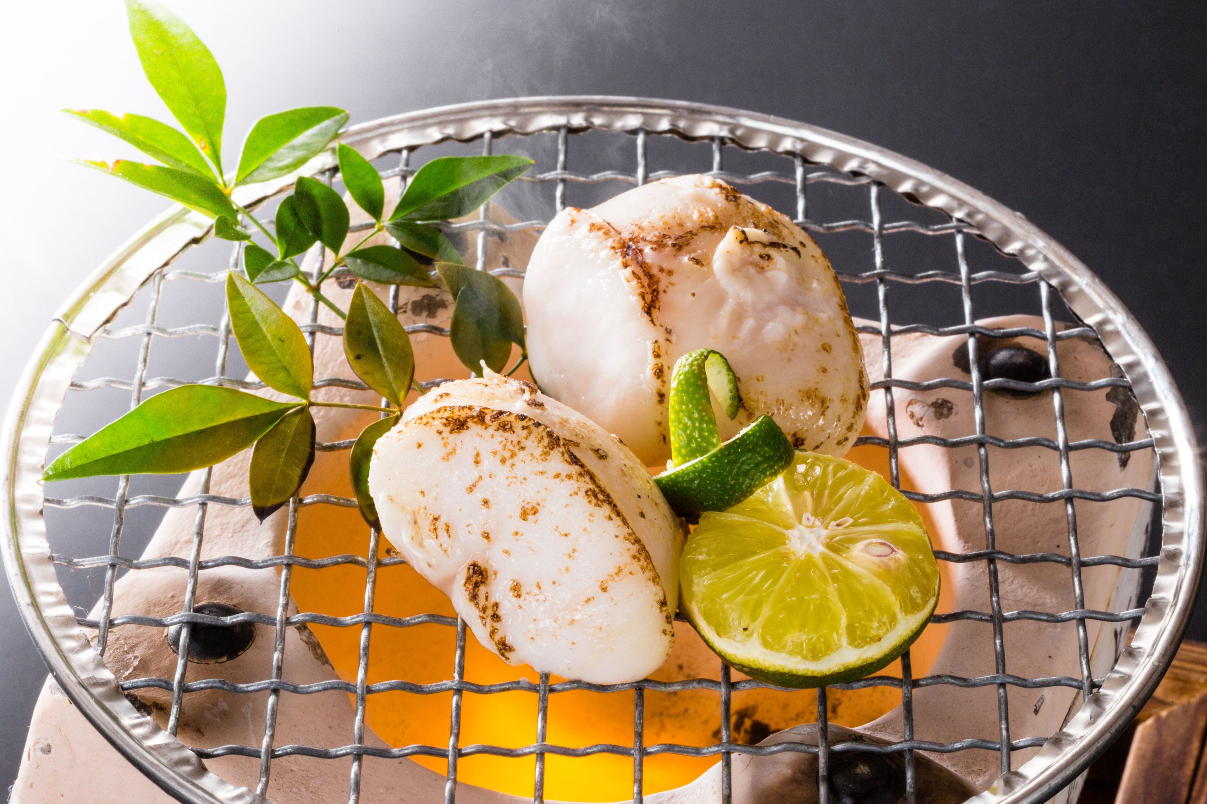 A grilled fish on a wire rack with lime and herbs.