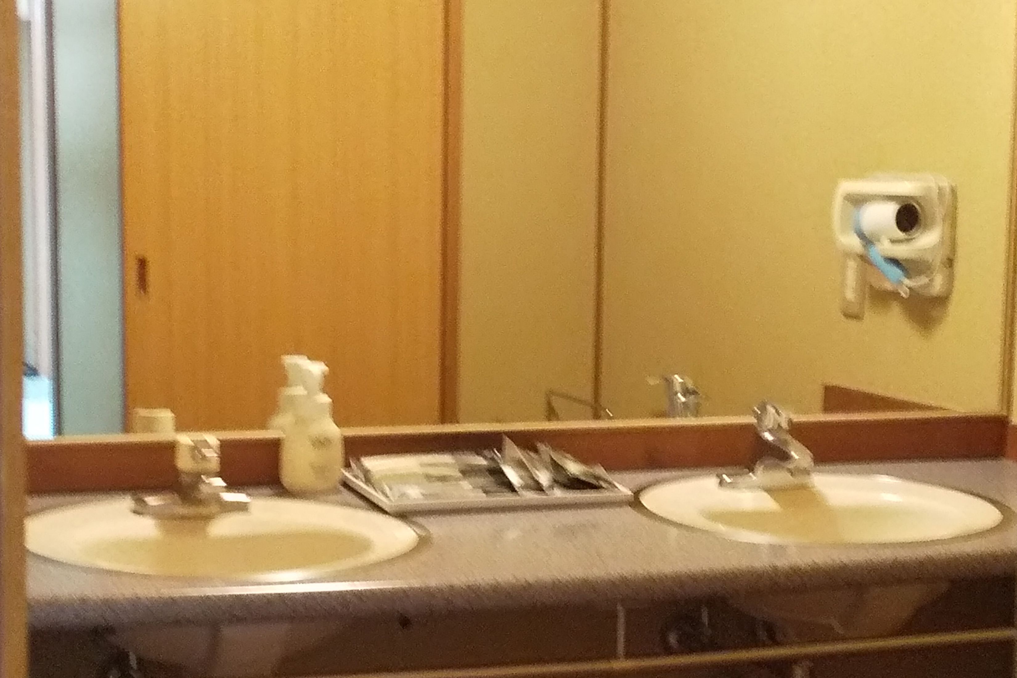 A bathroom with two sinks, a mirror, and a paper towel dispenser.