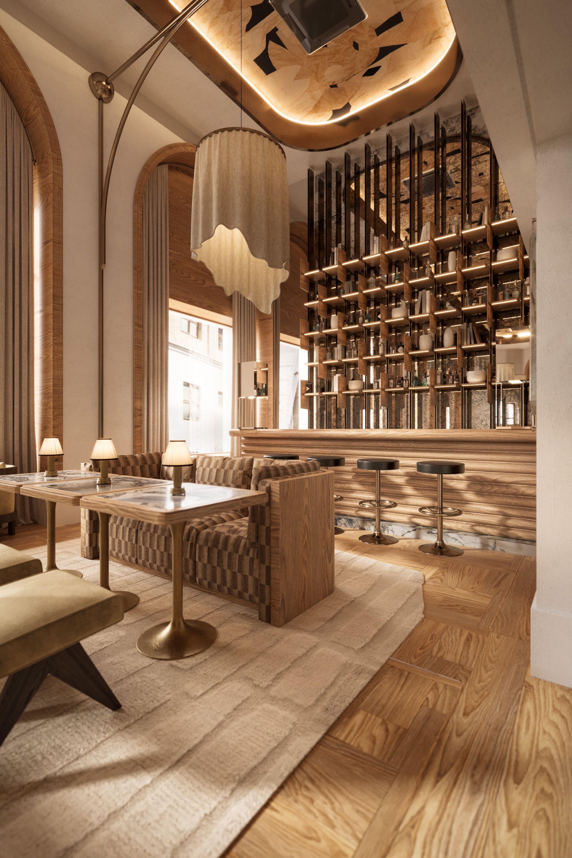 A modern interior with a bar area, seating, and a large bookshelf.