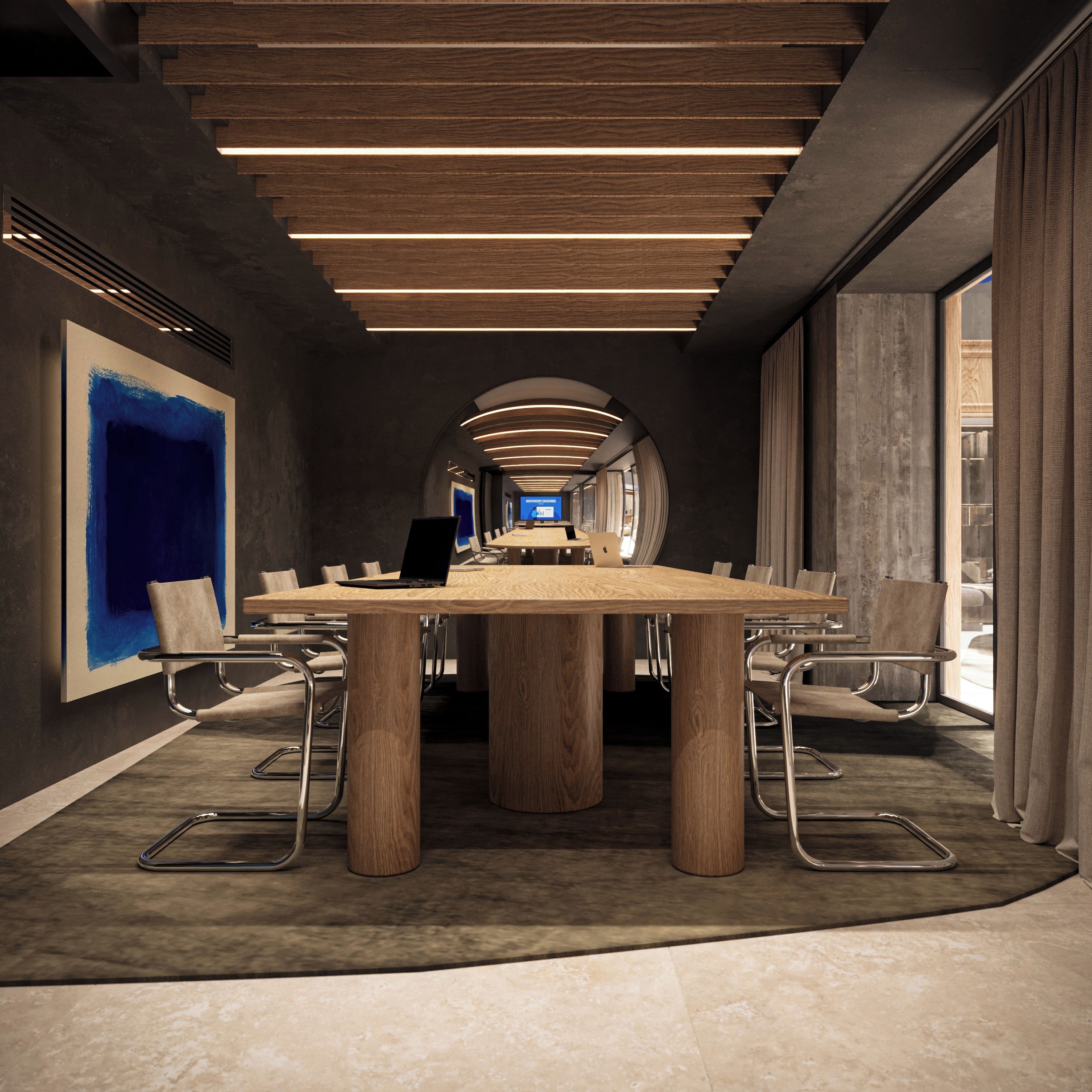 A conference room with a long table, chairs, and a modern ceiling design.