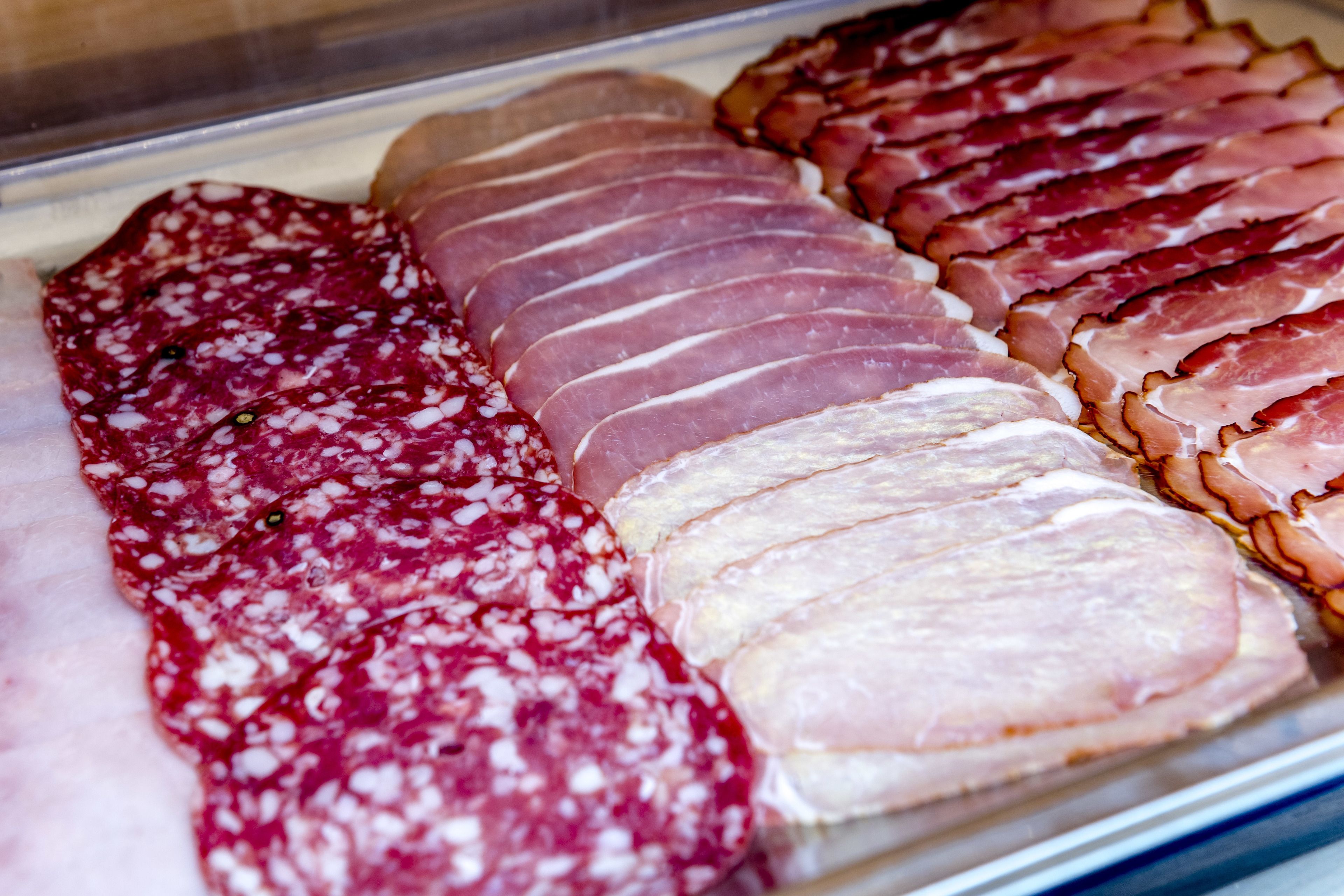 A display of various cured meats, including salami and ham, arranged in a glass case.