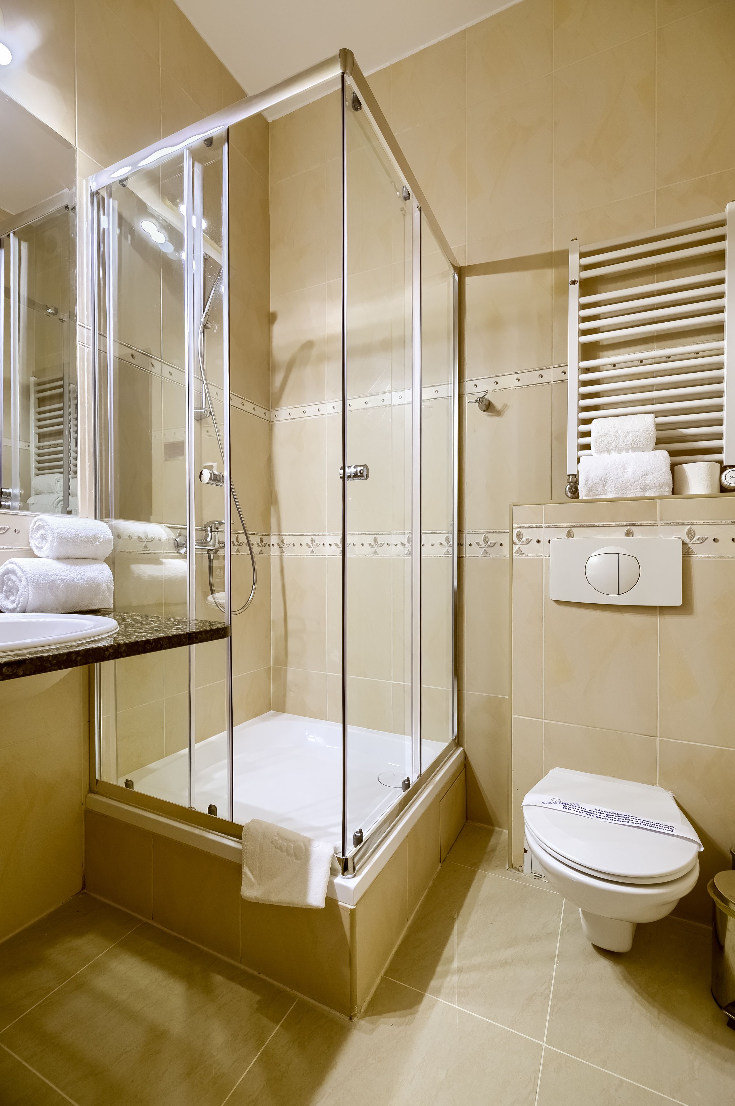Une salle de bain moderne avec une douche à parois de verre, des toilettes et un lavabo avec un miroir.