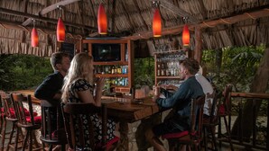 A bar area with wooden chairs and tables, a TV screen, and a bar stocked with bottles. - Mystic River Resort (San Ignacio)