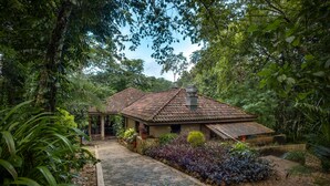 A house with a tiled roof, surrounded by lush greenery and a cobblestone pathway. - Mystic River Resort (San Ignacio)