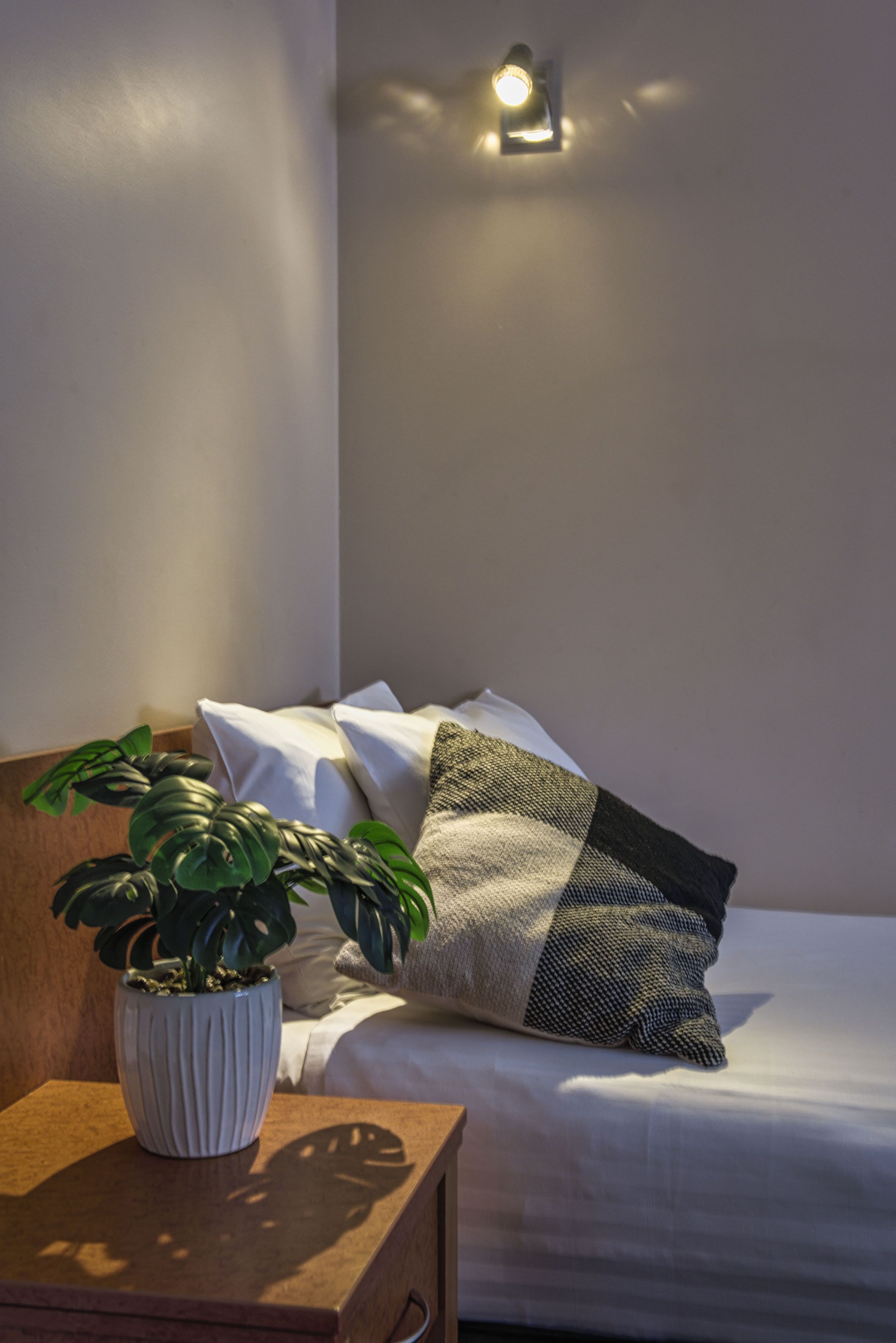 A neatly made bed with white and patterned pillows, a potted plant on a wooden nightstand, and a wall-mounted light fixture.