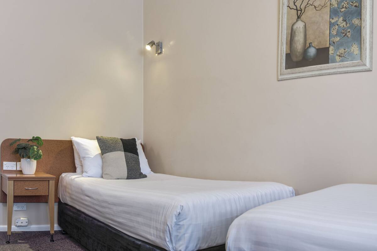 A hotel room with two single beds, a bedside table with a lamp, a small plant, and a painting on the wall.