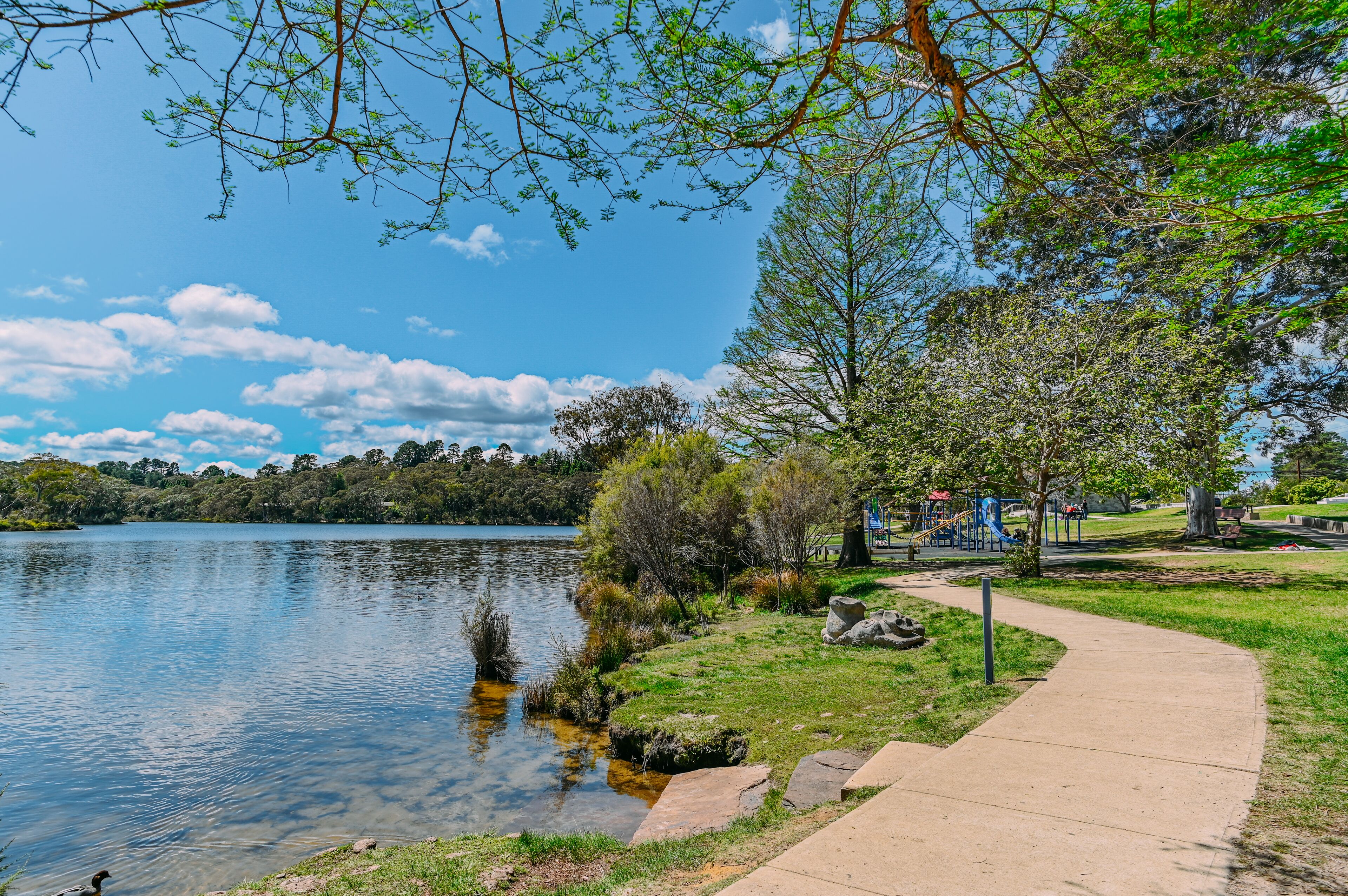 A park with a lake, a playground, and a walking path.