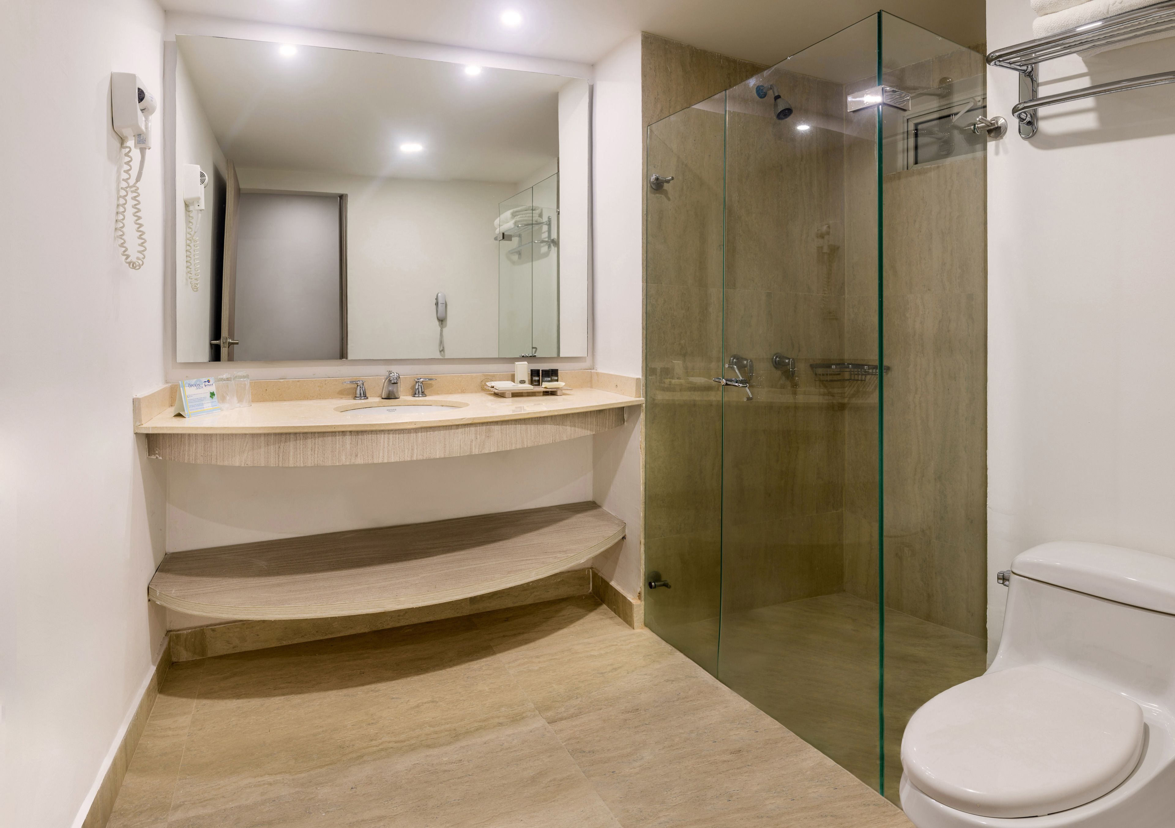 deluxe room  | bathroom | shower, hair dryer, towels