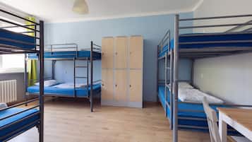 A dormitory room with bunk beds, a wooden wardrobe, a desk, and a hanging light fixture.