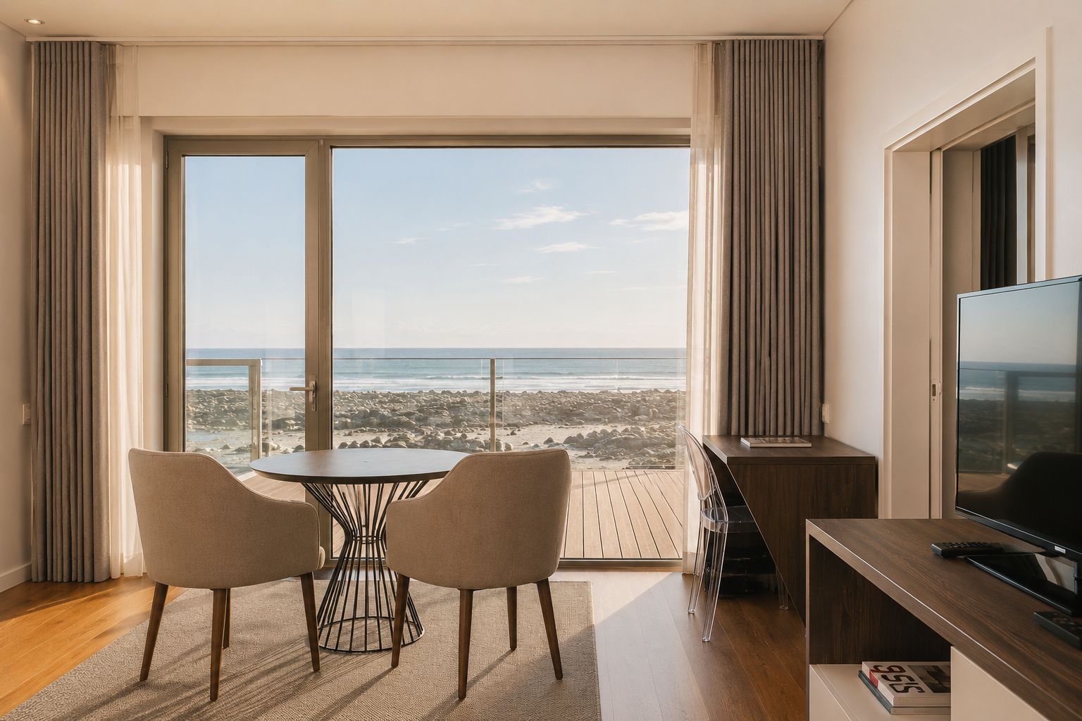 A room with a large window overlooking a beach, a round table with chairs, and a flat-screen TV on a wooden stand.