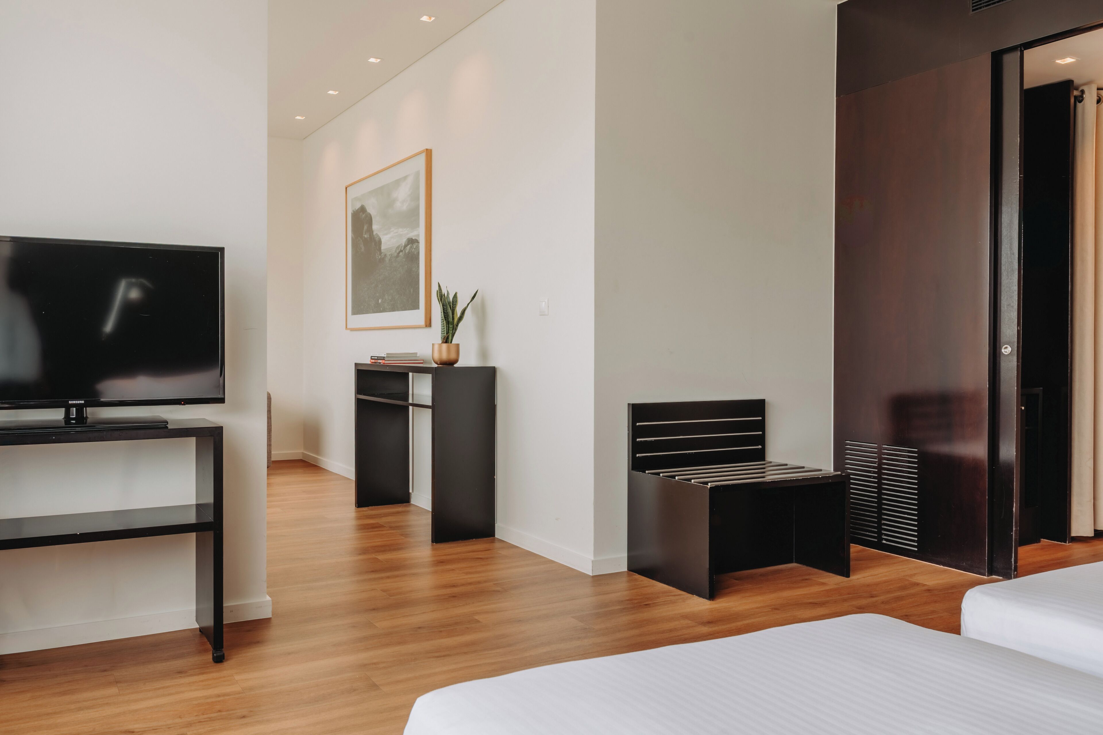 A modern hotel room with a flat-screen TV, a bed, a desk with a chair, a potted plant, and a wardrobe.