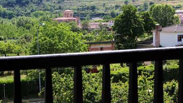A rural landscape with vineyards, a church, and residential buildings.