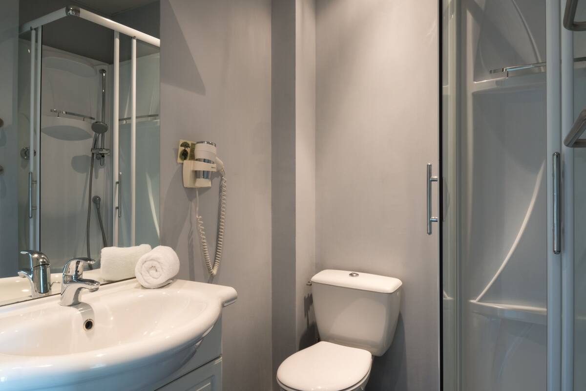 shower, free toiletries, hair dryer, towels