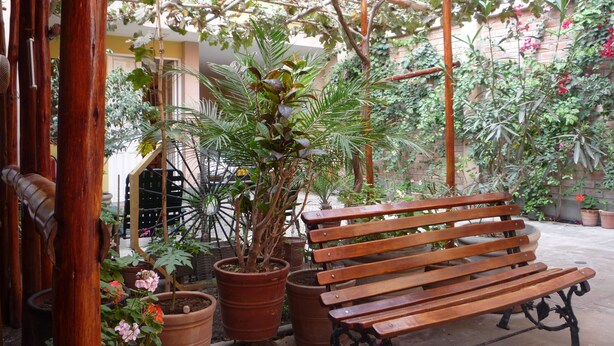 A wooden bench under a pergola with potted plants and a brick wall in the background. - Hostal Tambo Colorado (Pisco)