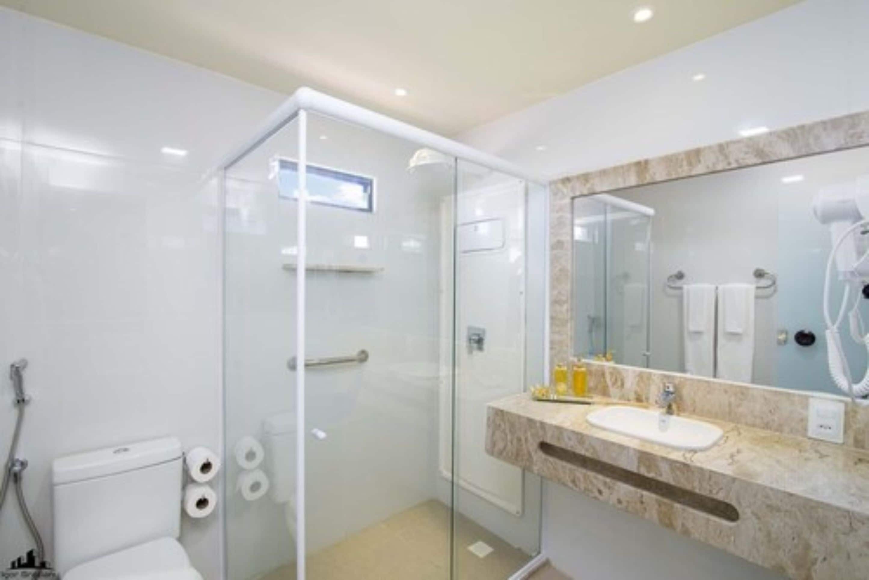 Un baño moderno con ducha envuelta en vidrio, inodoro blanco y encimera de mármol con lavabo y espejo.