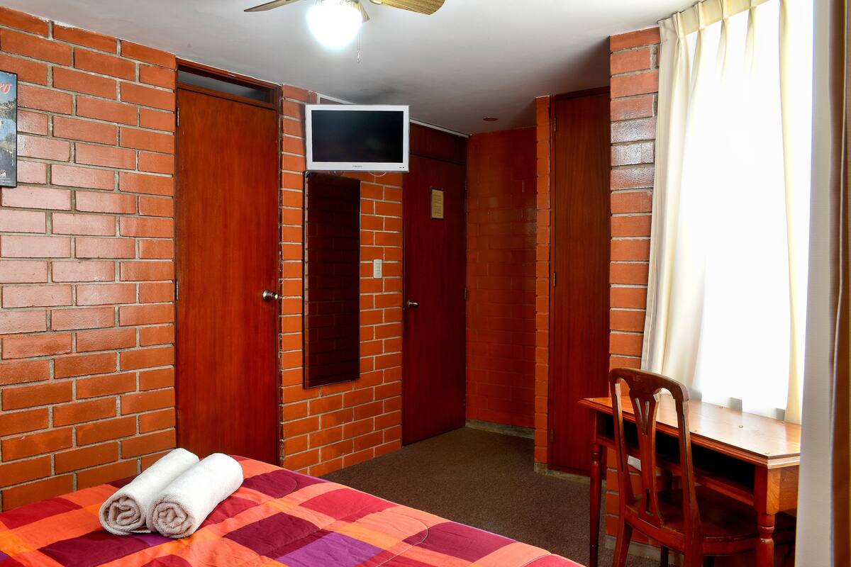 Une chambre d’hôtel avec un mur en briques, un lit recouvert d’une courtepointe colorée, un bureau en bois, une chaise, un téléviseur fixé au mur et une fenêtre avec des rideaux.