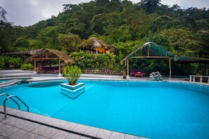 Ein Swimmingpool mit einer strohgedeckten Struktur und einem überdachten Sitzbereich.
