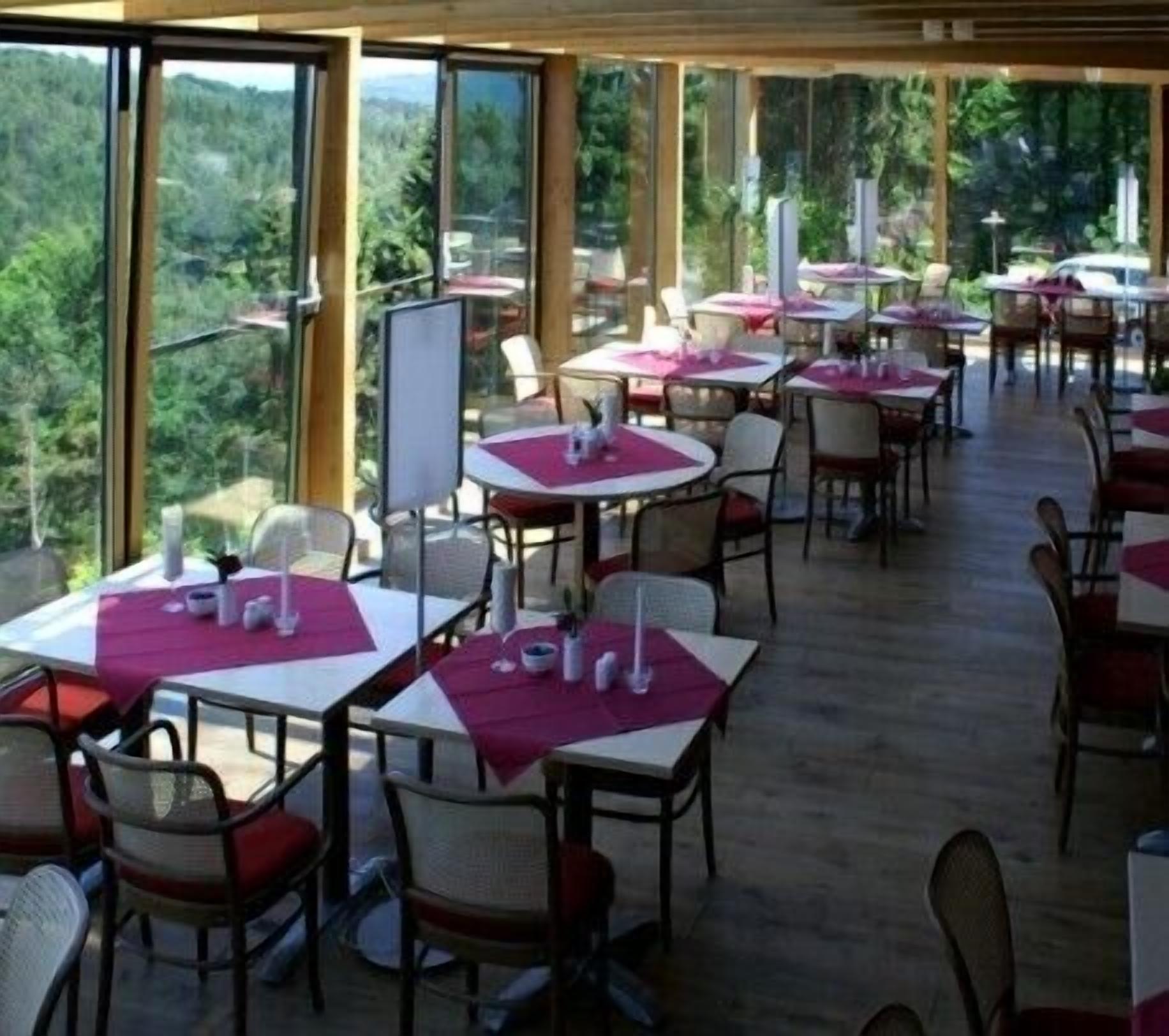 Un restaurante con mesas dispuestas para comer, amplios ventanales que dan a un bosque y un techo de madera.