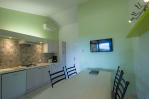 Full-size fridge, microwave, stovetop, dishwasher