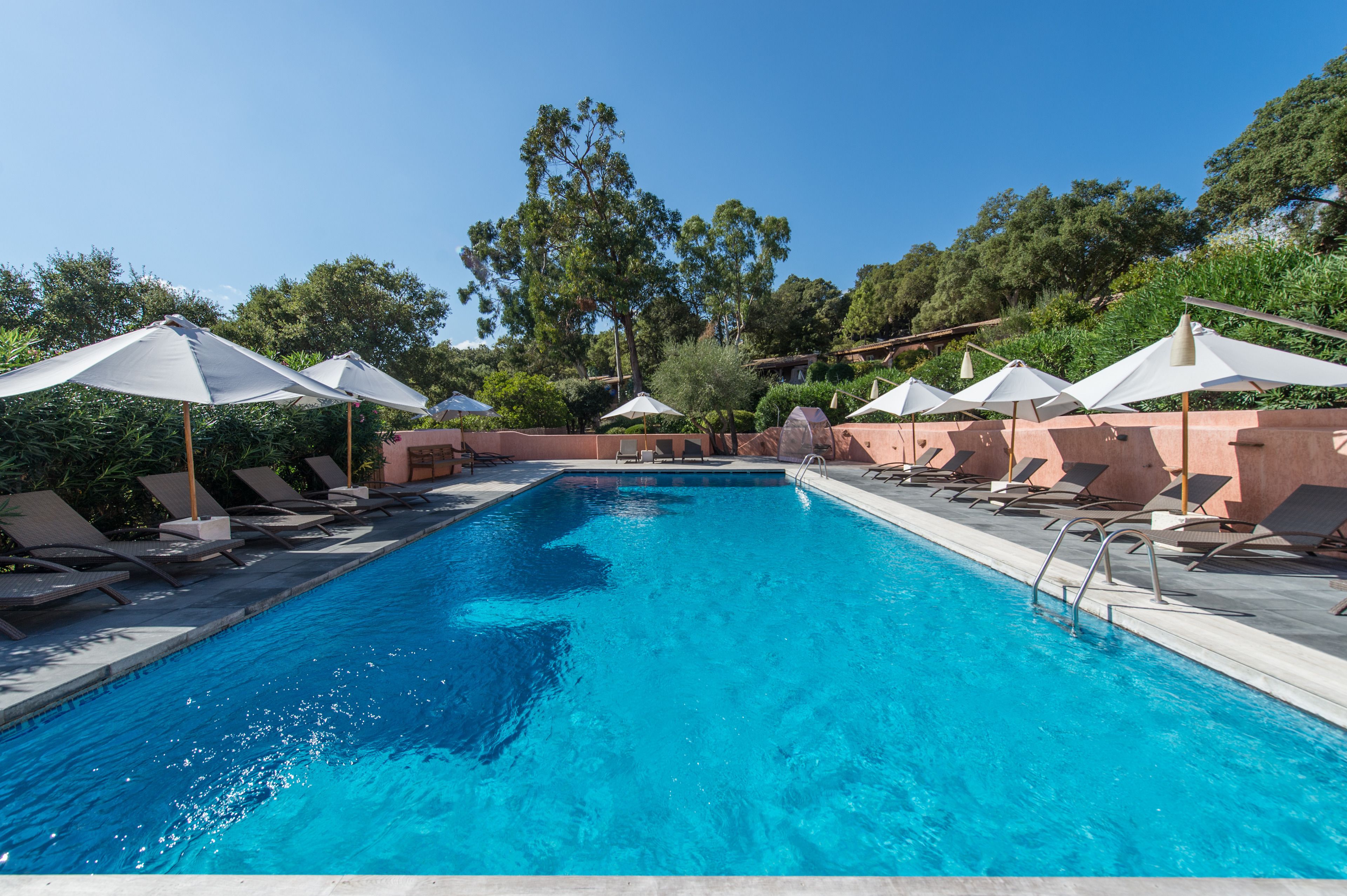 Outdoor pool, pool umbrellas, pool loungers