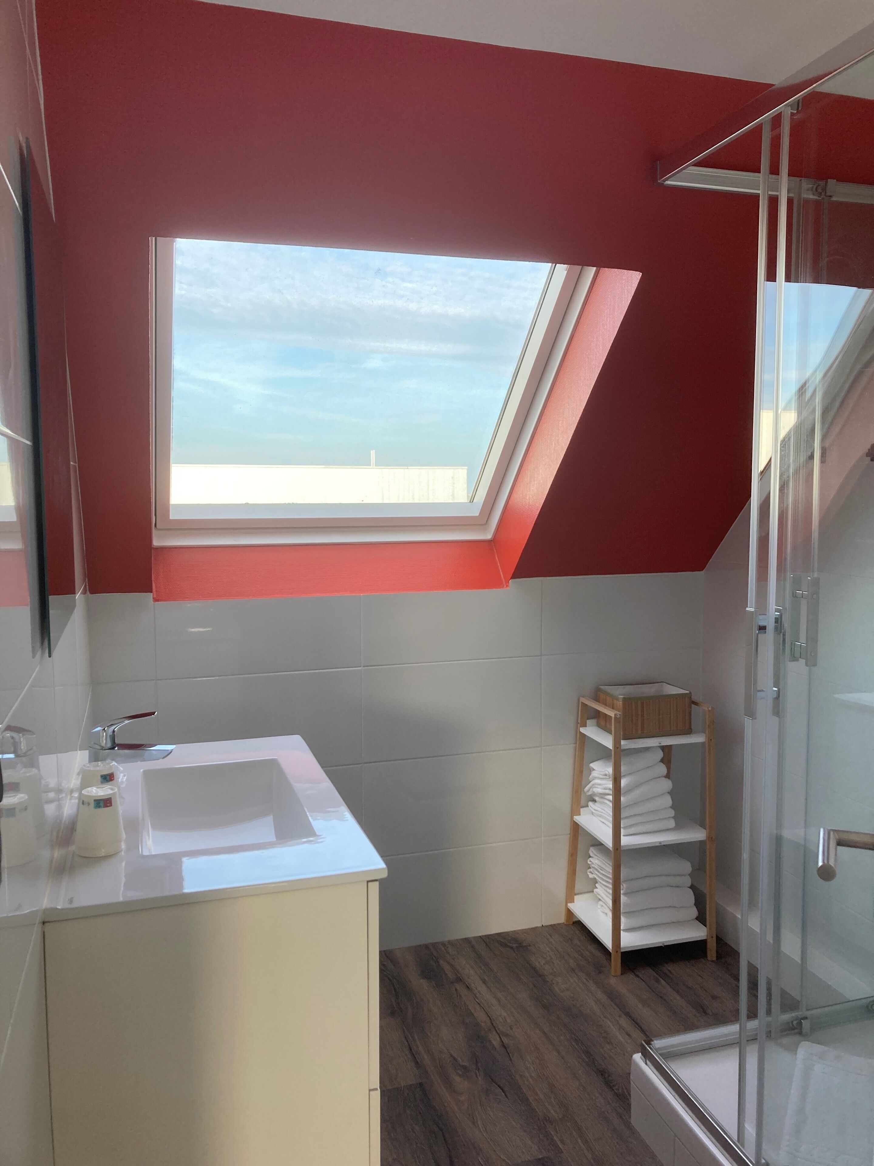 family room | bathroom | shower, hair dryer, towels