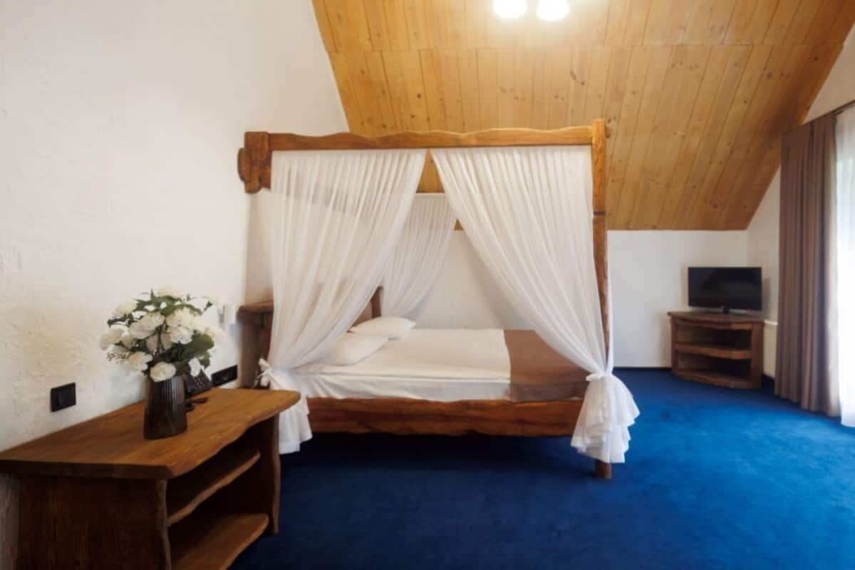 A bedroom with a wooden canopy bed, a small bedside table with a vase of flowers, a television on a wooden stand, and a blue carpet.