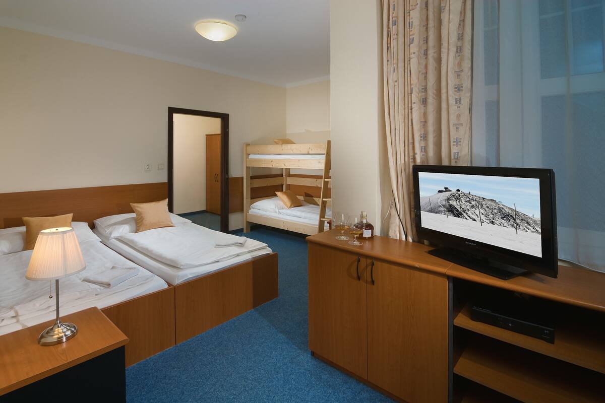 Habitación de hotel con dos camas, un televisor y un armario de madera.