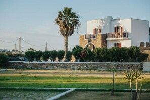 A modern two-story building with a stone facade, a balcony, and a well-maintained garden with a palm tree. - Aegean Land (Naxos)
