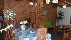 Une pièce chaleureuse avec une table à manger, des chaises, un canapé et une grande plante.