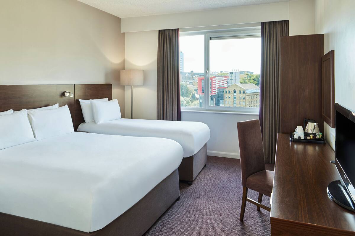 A hotel room with two beds, a desk, a chair, a TV, and a window with a city view.
