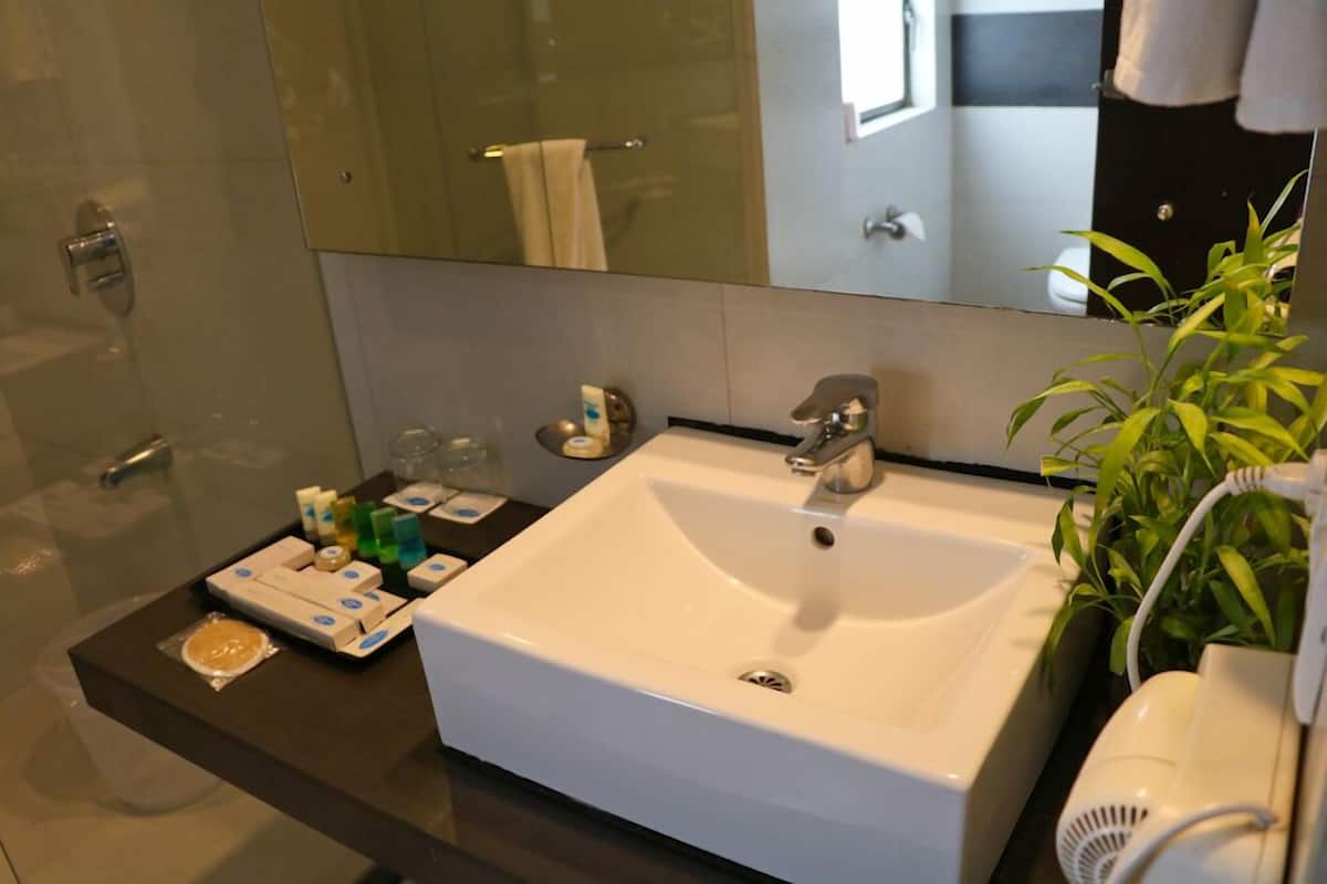 Douche, articles de toilette gratuits, sèche-cheveux, peignoirs