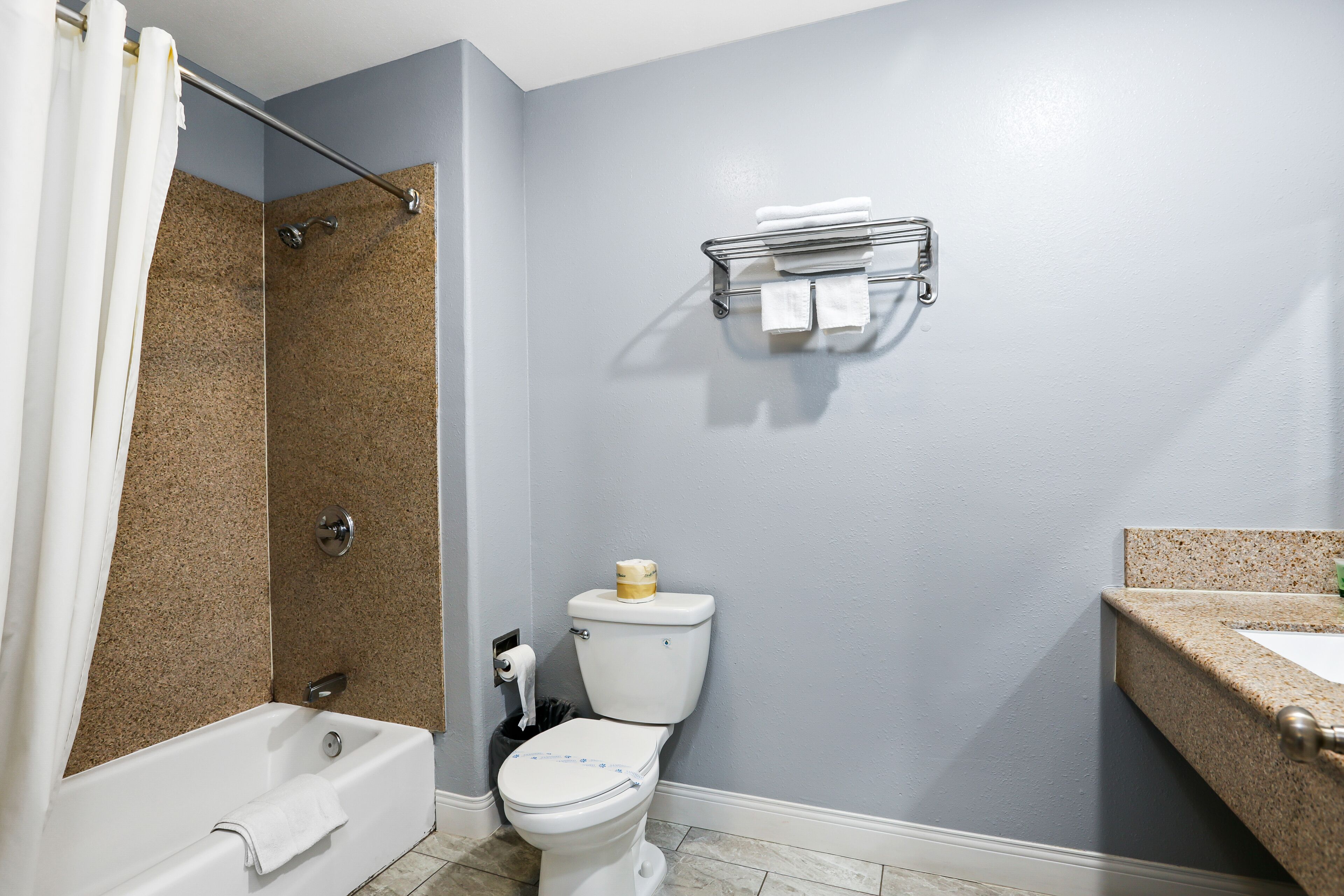 A bathroom with a shower, toilet, and sink.