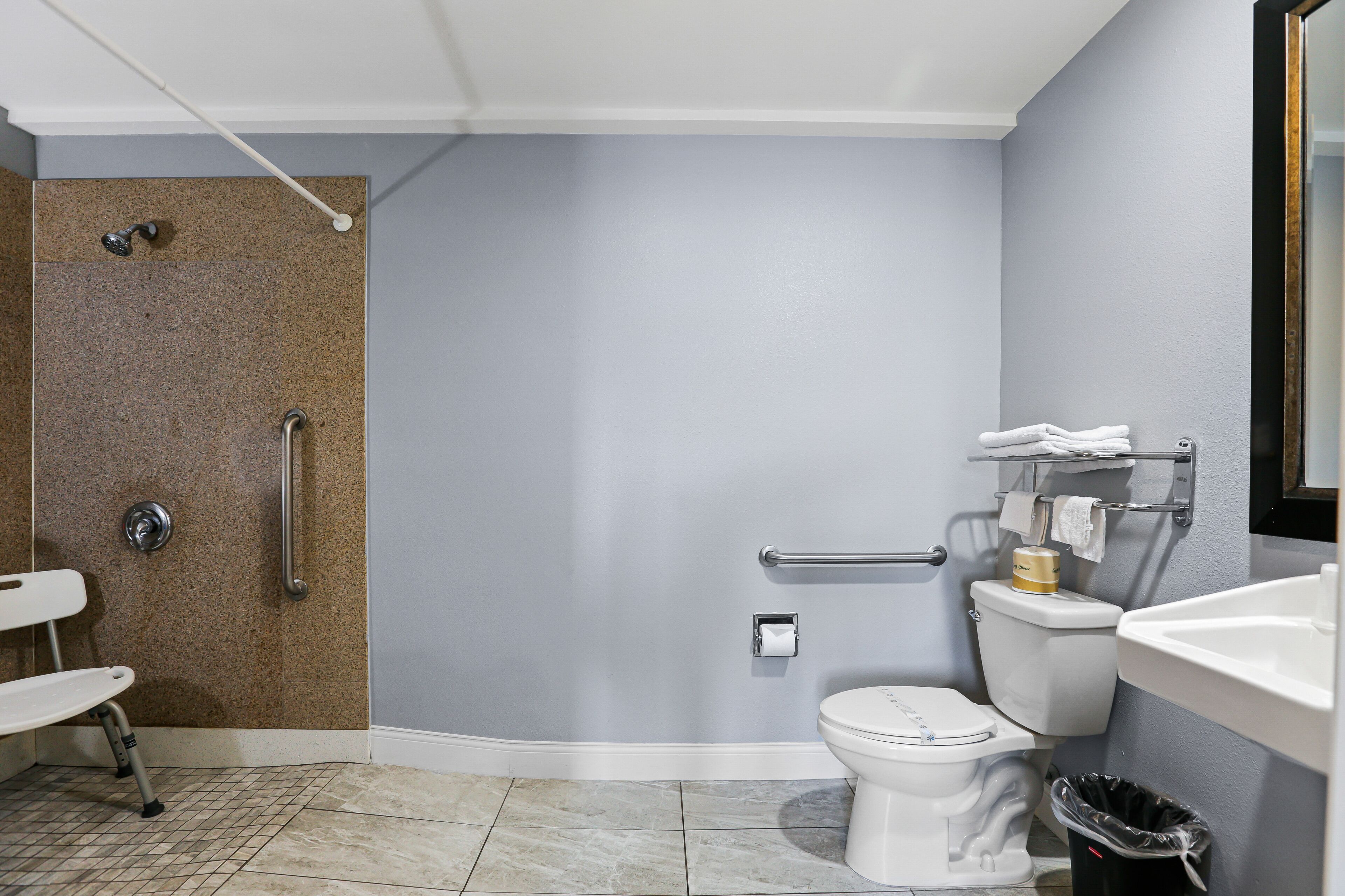 A bathroom with a shower, toilet, sink, and grab bars.