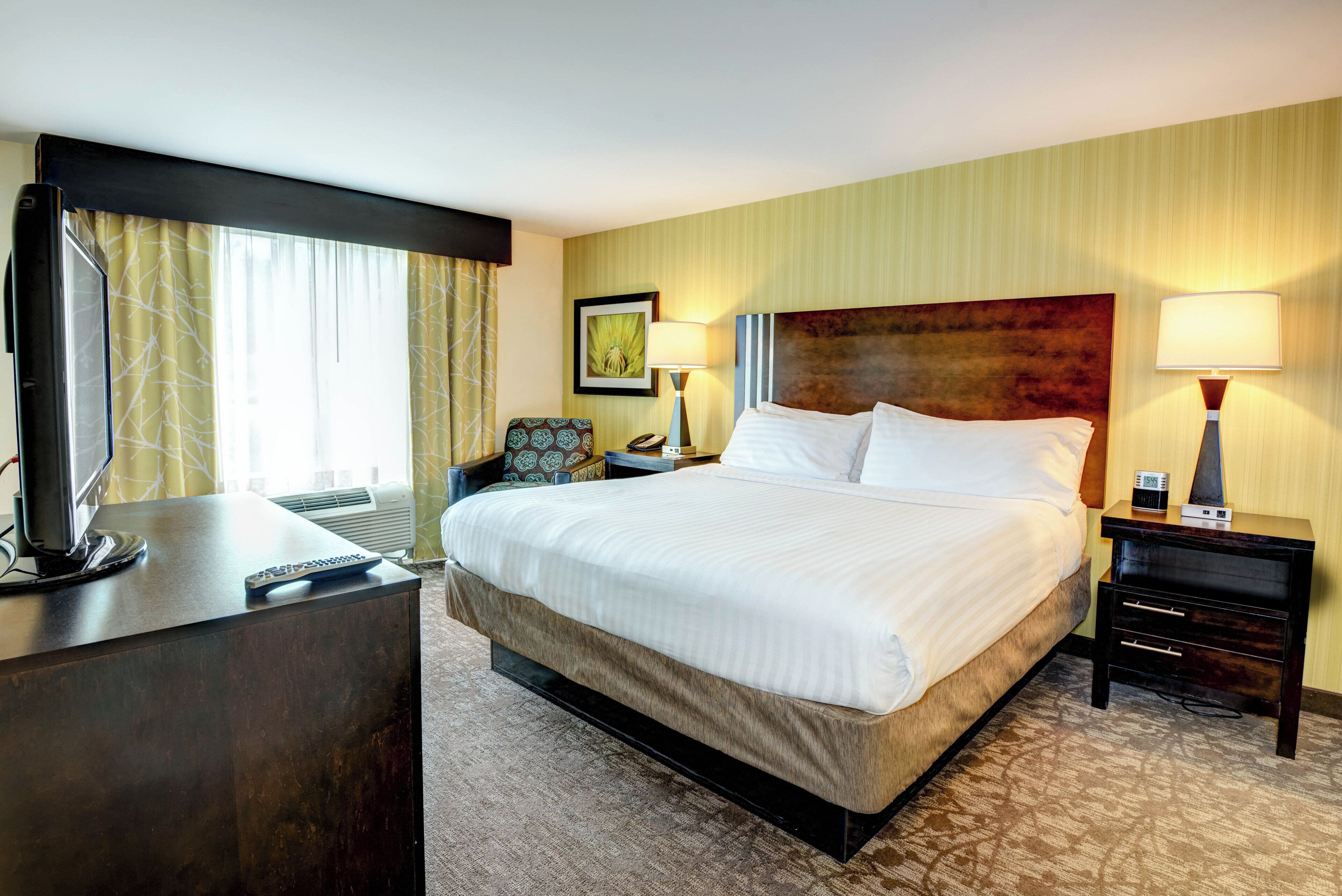 A hotel room with a large bed, a desk with a TV, a bedside table with a lamp, and a picture on the wall.