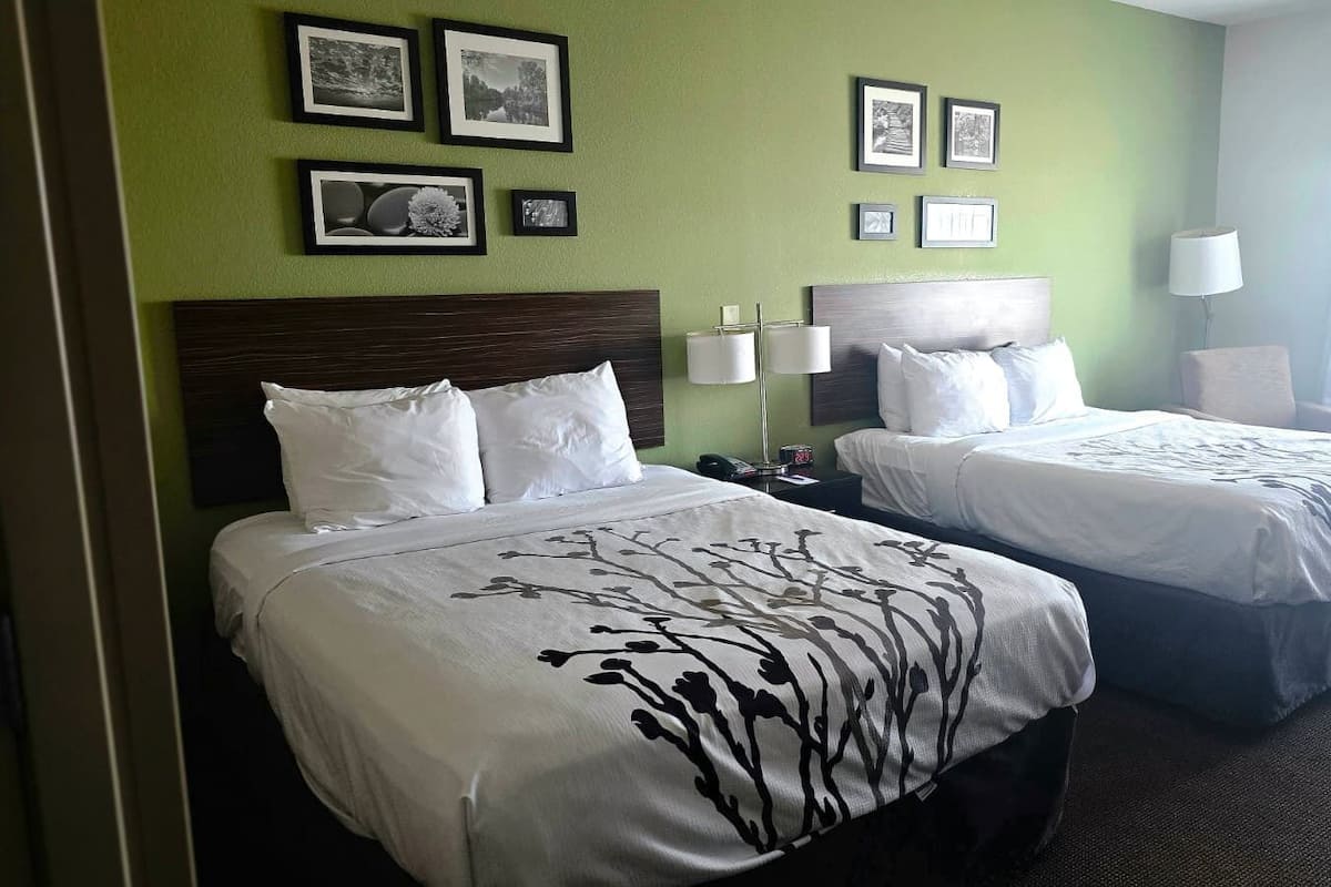 A hotel room with two beds, a green wall, and framed pictures.