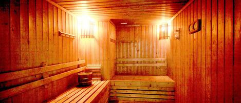 A wooden sauna with benches and a central step.