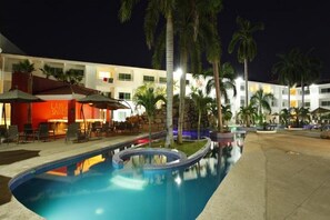 Indoor pool, outdoor pool, pool umbrellas