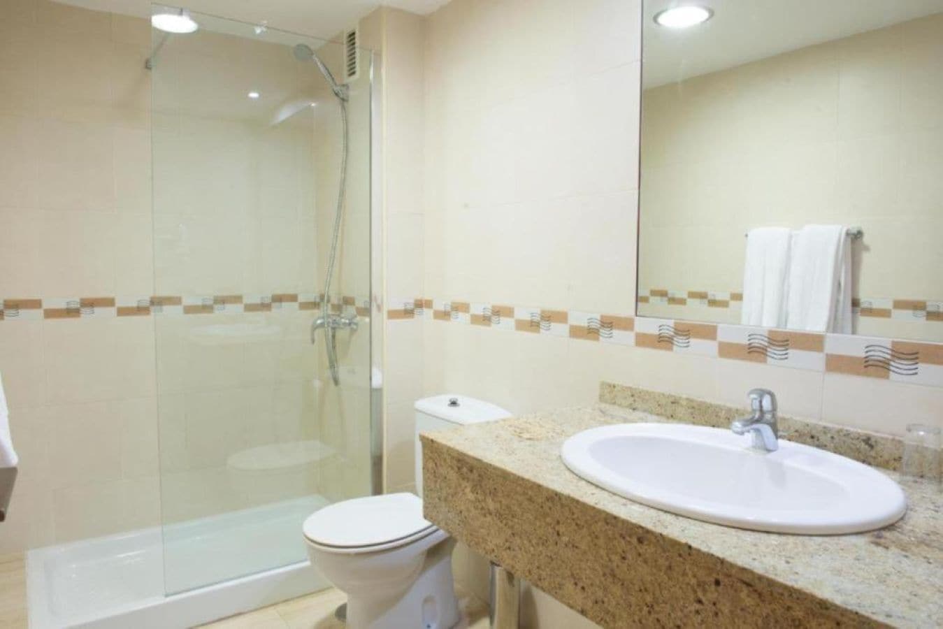Un baño con cabina de ducha de vidrio, inodoro blanco y lavamanos con encimera de granito.