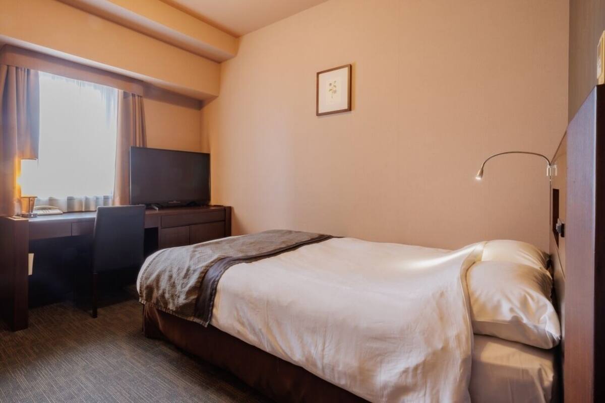 A hotel room with a bed, a desk, a chair, a television, and a window with curtains.