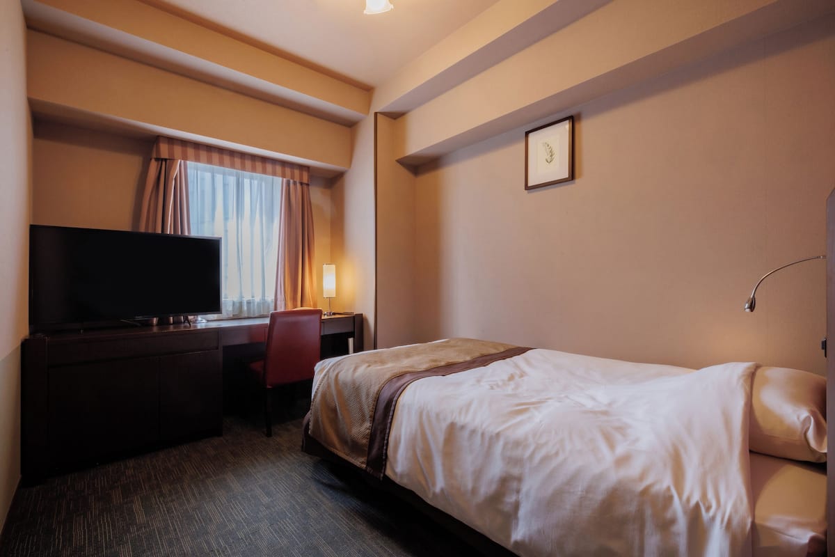 A hotel room with a bed, a desk, a television, and a lamp.