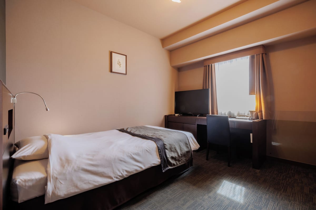 A hotel room with a bed, desk, and TV.