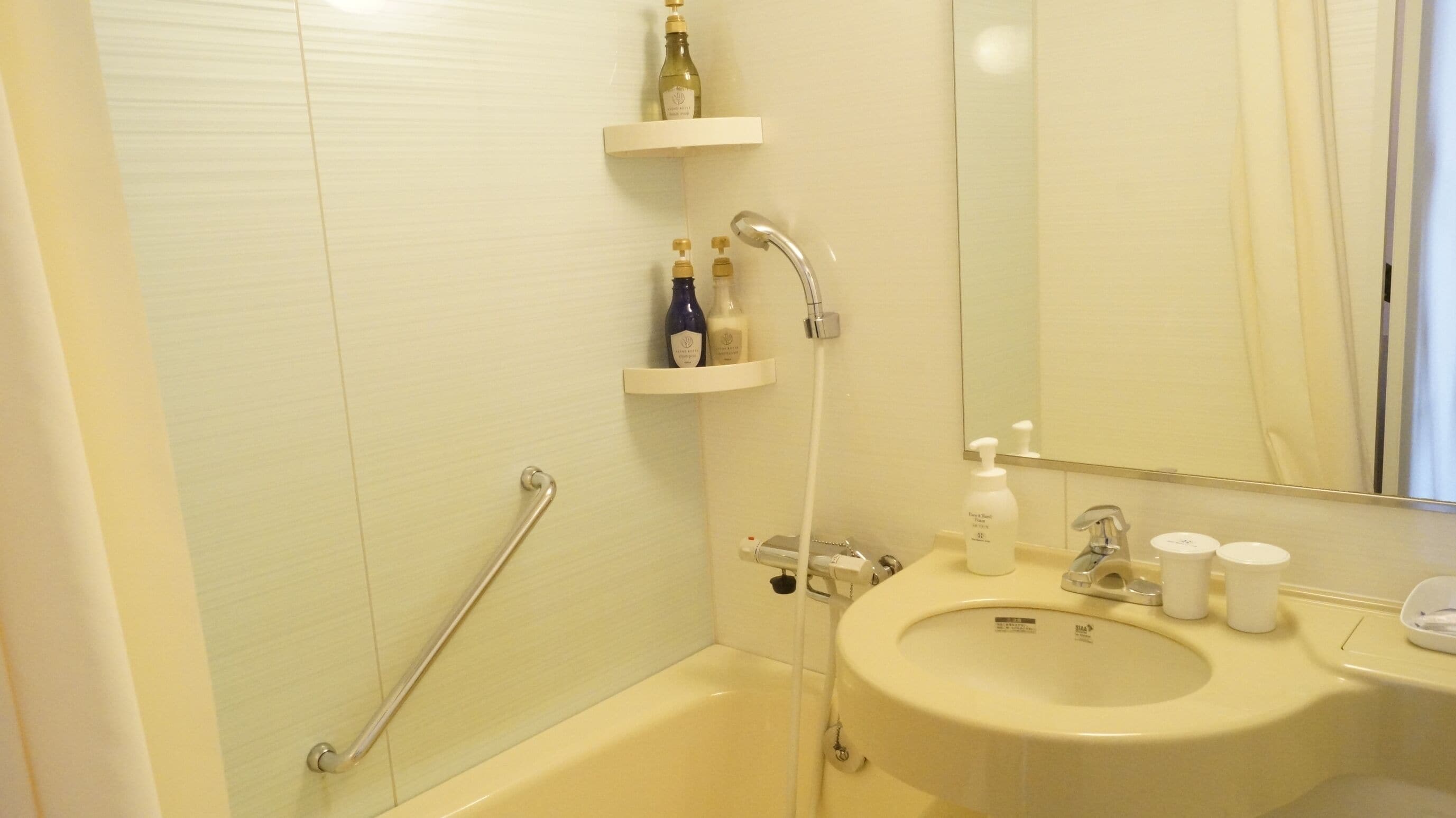 combined shower/bathtub, free toiletries, hair dryer, slippers