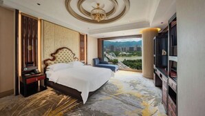 Habitación de hotel con una cama grande, televisión, vista a la ciudad y un diseño de techo original.