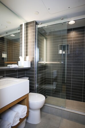 Shower, designer toiletries, hair dryer, towels